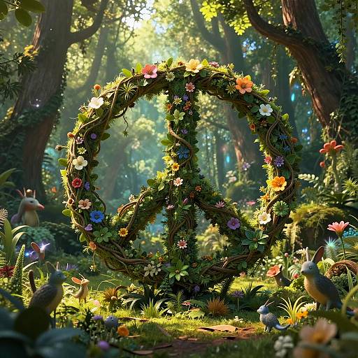 Digital artwork of a vibrant, flower-adorned peace symbol wreath in a sunlit, enchanted forest with glowing flowers and birds.