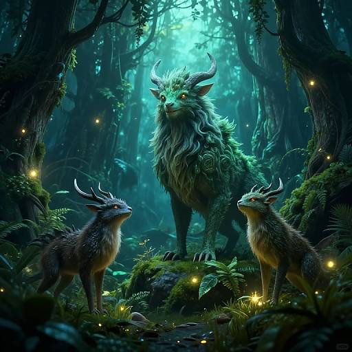 Fantastical digital art: three horned, furry creatures with glowing eyes stand in a mystical, dark forest illuminated by ethereal blue light and floating