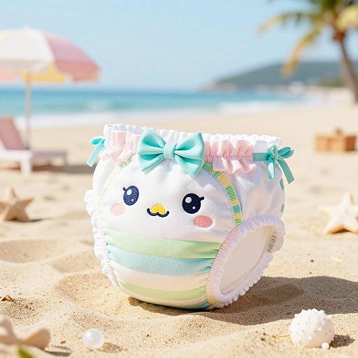Adorable inflatable beach ball with cute face, blue bows, and striped pattern on sandy beach with ocean and palm trees in background.