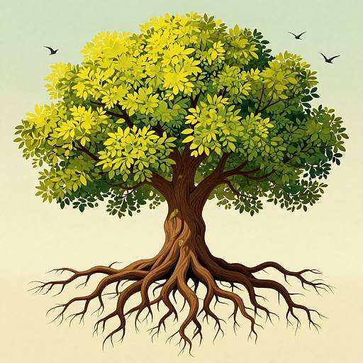 Detailed digital illustration of a vibrant yellow-green leafy tree with exposed, intricate brown roots, set against a light gradient background with small black birds flying.