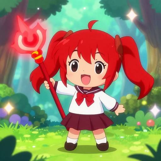 Cute Red Anime Girl with Magical Staff