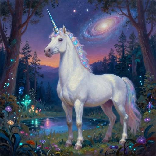 Digital fantasy artwork of a glowing white unicorn with a colorful mane, standing in a magical forest by a moonlit lake, with a spiral galaxy in the