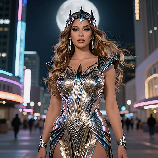 Photograph of a stunning woman with wavy blonde hair, wearing a futuristic, metallic silver dress and crown, walking in a neon-lit city night