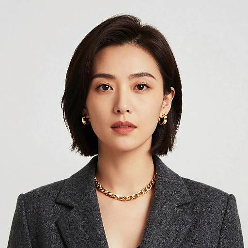 Photograph of an Asian woman with short black hair, wearing a dark gray blazer, gold hoop earrings, and a chunky gold chain necklace,
