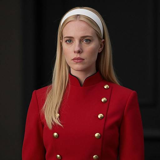 Photograph of a young blonde woman with fair skin, wearing a red military-style jacket with gold buttons, and a white headband, against a dark
