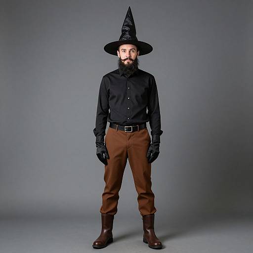 Photograph of a bearded man in a black witch hat, black shirt, brown pants, black gloves, and brown boots, standing against a gray