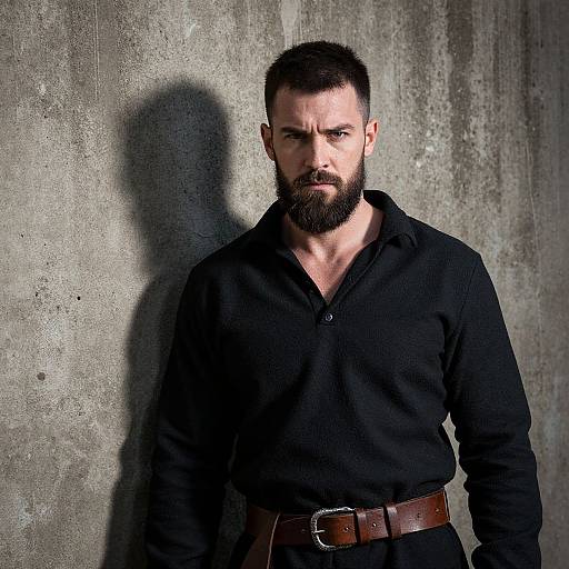 Photograph of a muscular, bearded man with short dark hair, wearing a black button-up shirt and brown belt, standing against a textured concrete wall