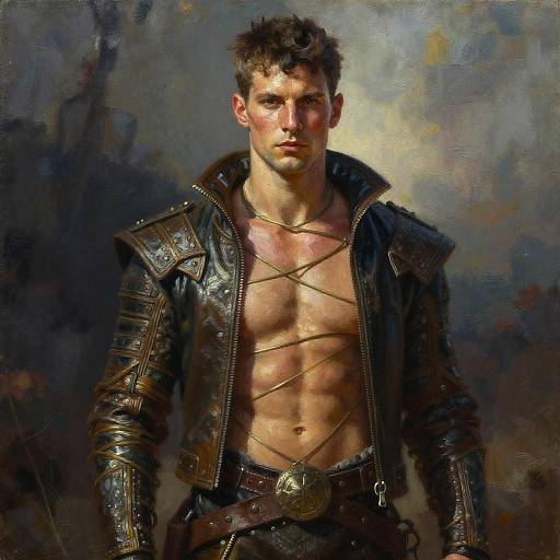 Digital painting of a muscular, shirtless man with short dark hair, wearing a leather, ornate, open-front jacket, and gold laces,