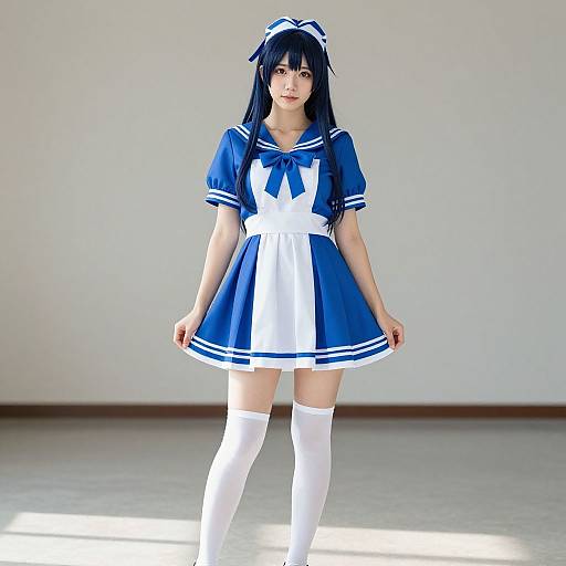 Young woman in blue and white anime-style sailor dress, white thigh-high socks, black hair, white headband, standing in bright room.