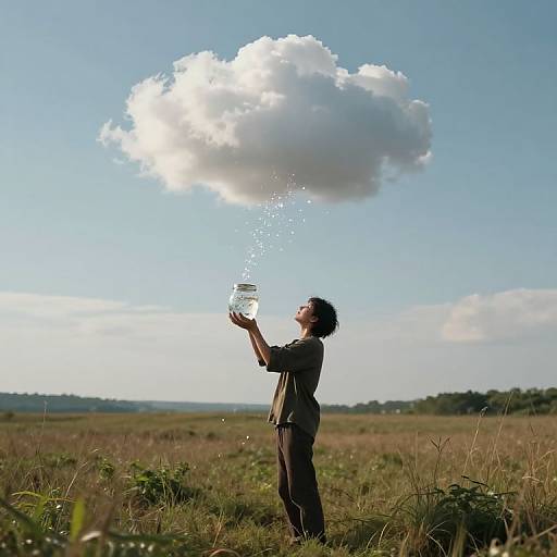 Photograph of a man with short black hair, wearing a dark shirt and pants, holding a glass jar, making water droplets form a cloud in