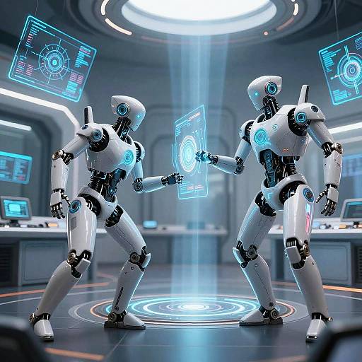 Photorealistic CGI of two white humanoid robots in a futuristic lab, exchanging holographic blue data screens with glowing interfaces.