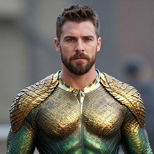 Photograph of a bearded man with short brown hair, wearing a gold and green, scaled, armored superhero suit, looking serious.