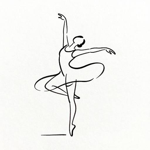 Black and white line drawing of a ballerina in an elegant pose, with one arm raised and the other bent, standing on one leg. Minimal