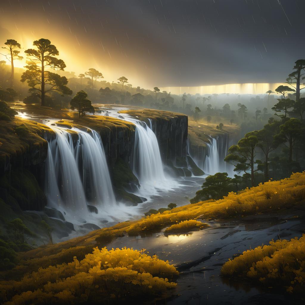 Misty Waterfalls in Surreal Heathland