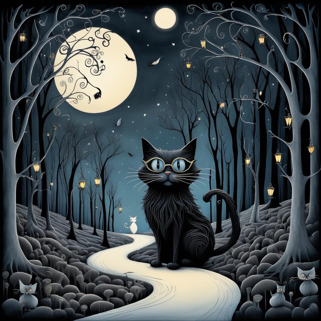 Whimsical Cat in a Twisted Forest