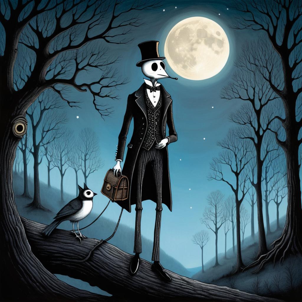 Eerie Moonlit Traveler in Whimsical Style