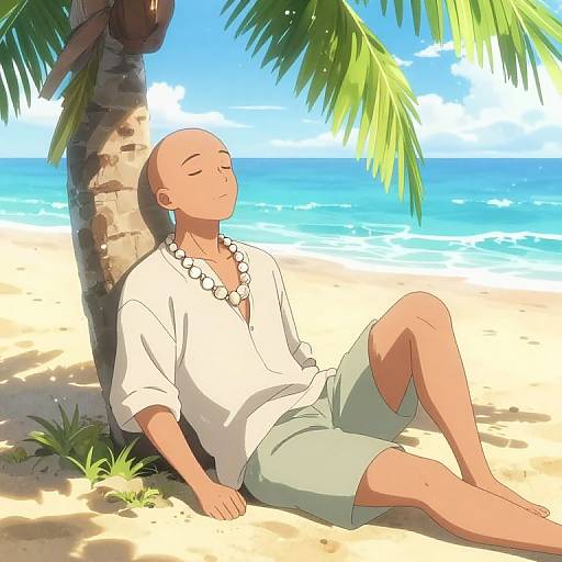 Digital illustration of a bald man with a necklace, white shirt, and green shorts, relaxing against a palm tree on a sunny beach with blue ocean and