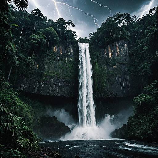 Thunderous Waterfall in Tropical Rainforest During Storm