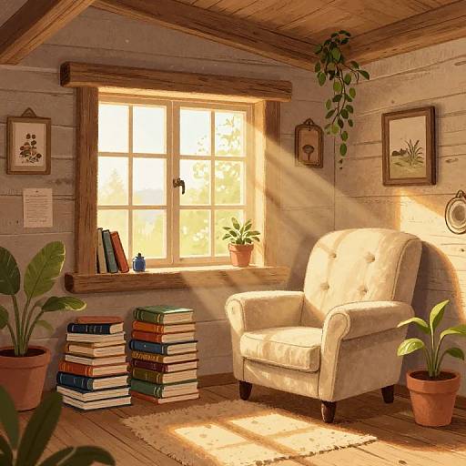 Sunlit cozy cabin room with a beige armchair, stacks of books, potted plants, wooden ceiling, sunbeam through window, framed art.