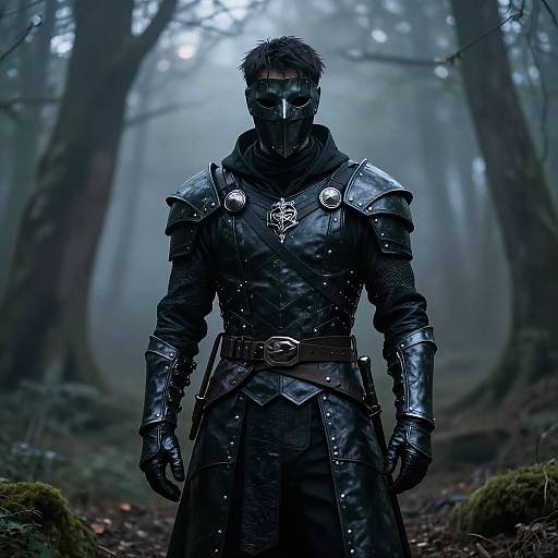 Digital art of a mysterious, masked warrior in dark, armored clothing with intricate shoulder plates, standing in a misty forest.
