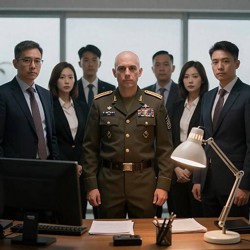 Serious Seven in Dimly Lit Office