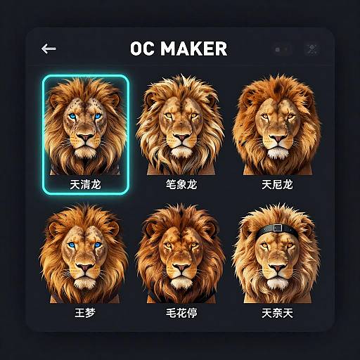 Digital artwork showing six lion faces with various expressions and eye colors, labeled in Chinese, with a glowing blue border on the top left. 