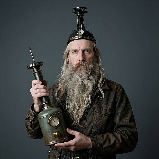 Photograph of a bearded, long-haired man in dark medieval attire, holding an antique brass pipe with a black top. Dark gray background.