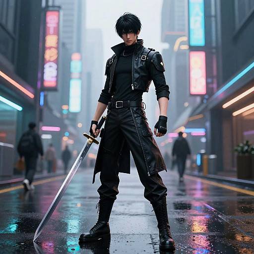Cyberpunk Anime Swordfighter in Neon City