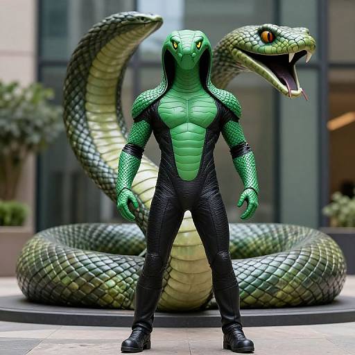 CGI image: Muscular anthropomorphic green snake with black suit, standing in front of large, coiled snake with open mouth, urban background.