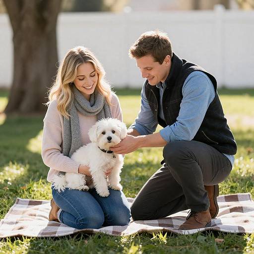 Couple Outdoors with Dog on Blanket