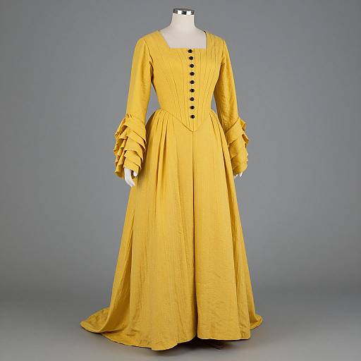 Vintage yellow Victorian dress with long sleeves, ruffled cuffs, and black buttons on a white mannequin against a gray background.