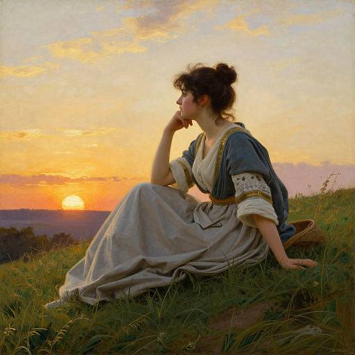 Photograph-style painting of a pensive woman in a blue shawl and white dress, sitting on a grassy hill, watching a vibrant sunset.