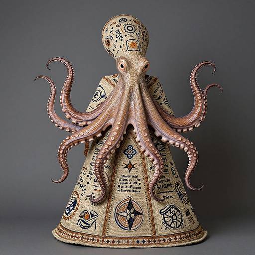 Photograph of a detailed, octopus-shaped ceramic bell with pink tentacles, adorned with intricate blue and black tribal patterns on a beige background.