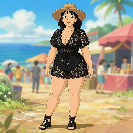 Digital anime-style drawing of a curvy woman with pale skin, black lace dress, wide-brimmed hat, black sandals, standing on a sunny
