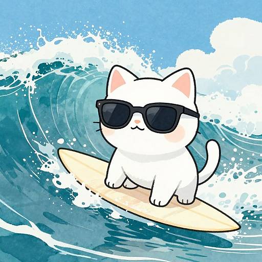 Retrofuturistic White Cats Surfing Fun