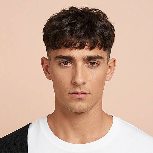 Photorealistic digital portrait of a young man with short, dark, wavy hair, light skin, brown eyes, and a serious expression, wearing