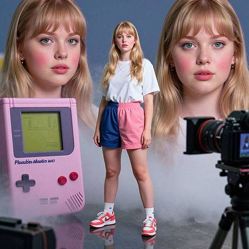 Photographic collage of blonde girl with blue eyes, wearing white shirt and pink-blue skirt, next to pink Nintendo Game Boy, camera, and her close