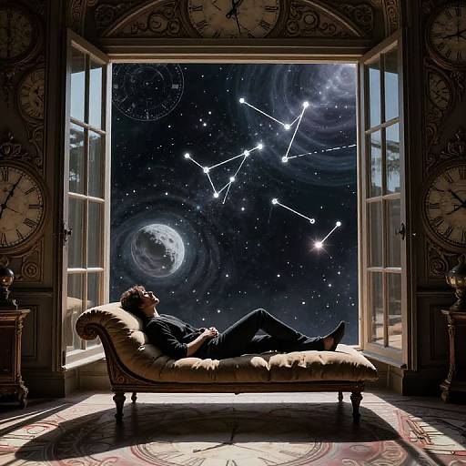 Photograph-style image of a person lounging on an ornate chaise, gazing at a starry galaxy through open windows. Clocks frame