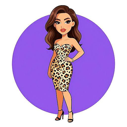 Cartoon-style illustration of a confident woman with long brown hair, wearing a strapless leopard print dress and black high heels, standing against a purple circle