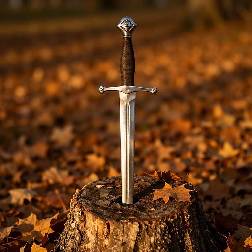 Photograph of a silver sword with black handle, standing upright on a tree stump, surrounded by autumn leaves.