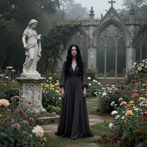 Photograph of a dark-haired woman in a black, deep V-neck gown standing before a white statue in a vibrant, flower-filled garden with a go