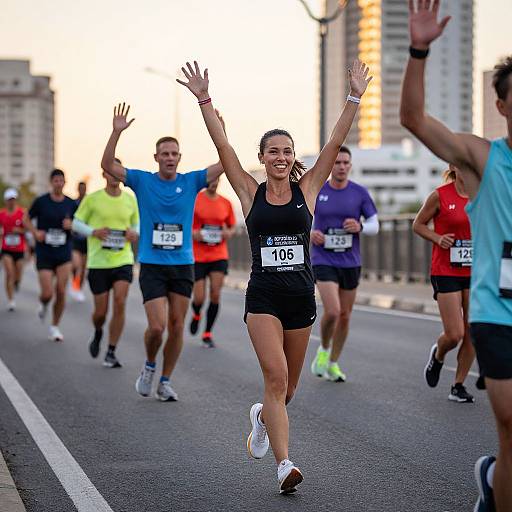 Photograph of a joyful female runner in a black sports outfit, number 105, arms raised, leading a diverse group of marathon runners on an urban