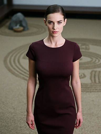 Photograph of a slender woman with fair skin, dark hair in a sleek bun, wearing a form-fitting, short-sleeve, dark brown