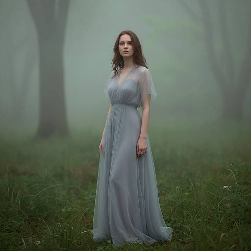 Photograph of a pale-skinned woman with long brown hair in a sheer, blue-gray, flowing dress standing in a misty, green forest.