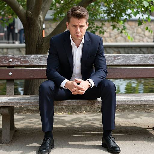 Photograph of a serious, Caucasian man with short brown hair, in a black suit, white shirt, and black shoes, sitting on a wooden bench