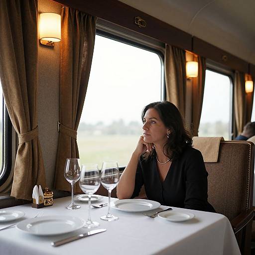 Photograph of a dark-haired woman in a black dress, seated at a dining table in a train carriage, gazing out the window. Warm lighting