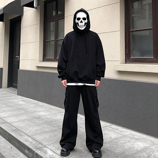 Photograph of a person in a black hoodie and pants, skull mask, holding a white object, standing on a city sidewalk.