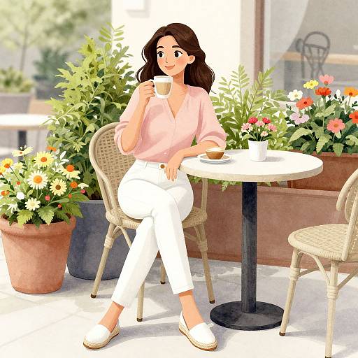 Digital illustration of a smiling woman with wavy brown hair, pink blouse, white pants, and white shoes, sipping coffee at a sunny outdoor café