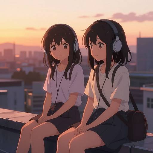 Anime Twin Girls Sharing Headphones