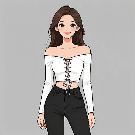 Digital anime-style drawing of a smiling woman with long brown hair, wearing an off-shoulder white lace-up top and black high-waisted pants